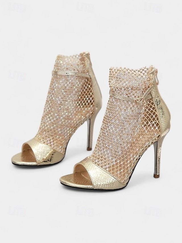 – Open-Toe Women's Gold Stiletto Sandals Glitter Mesh