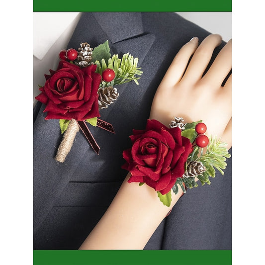 Women's Christmas Set and Corsage Boutonniere Rose Red