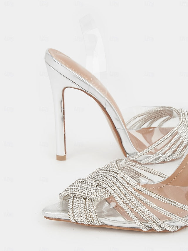 with Silver Transparent Stiletto Sandals Straps Rhinestone –