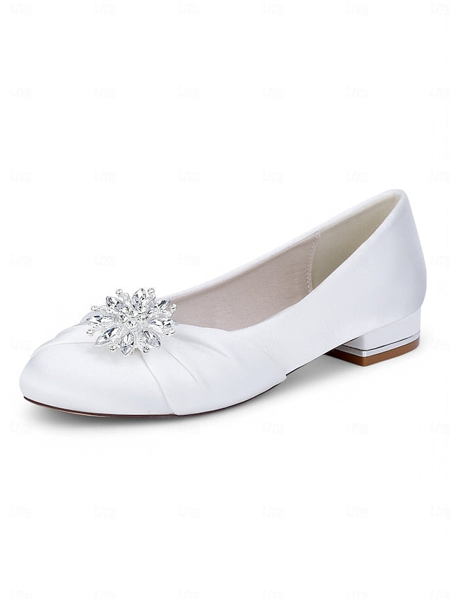 Women's – Elegant White Crystal Flats Wedding Satin