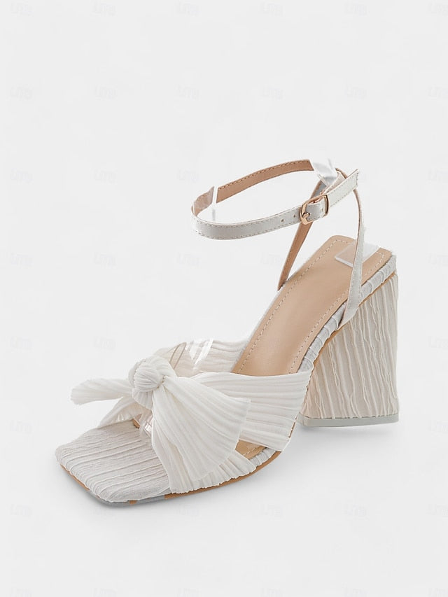 Gold Sandals Textured Block Rose Heel and Knot with Detail