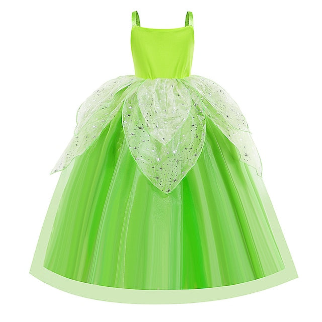 Tiana Fairytale Dress Girl Princess Theme Bell Tinker Flower