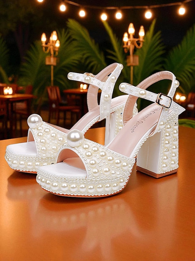 Pearl Sandals Embellished White Block Platform Heel Women's