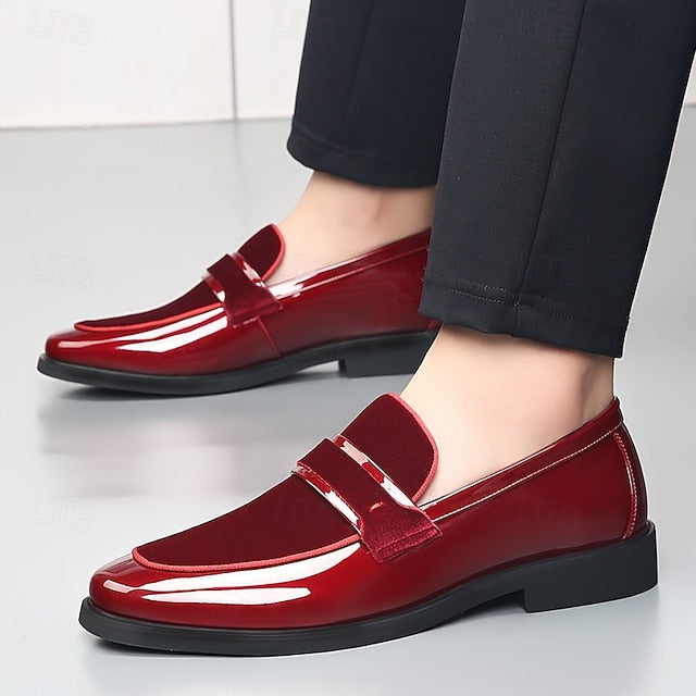 – Velvet Design Faux Sleek Leather with Red Men's Loafers