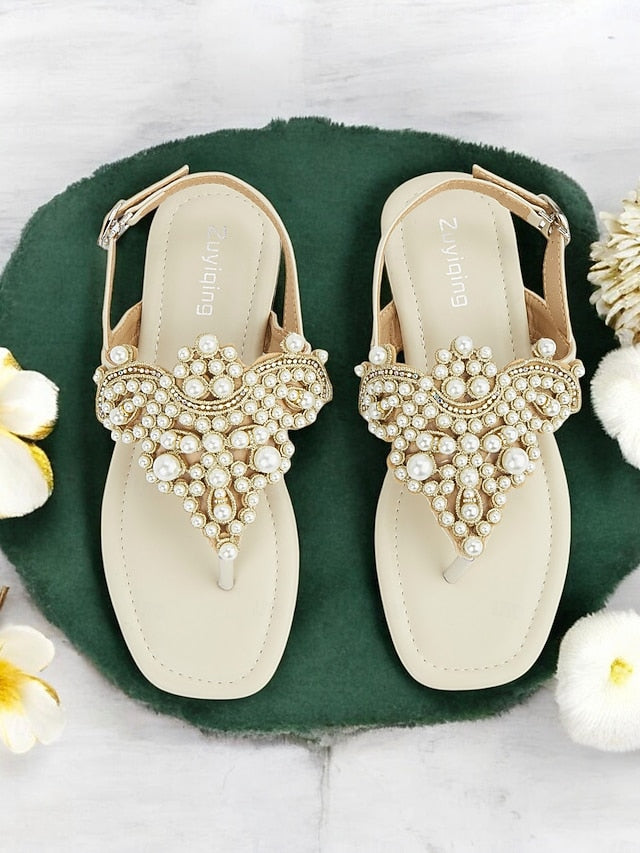 Pearl-Embellished Flat Women's Sandals Elegant – T-Strap