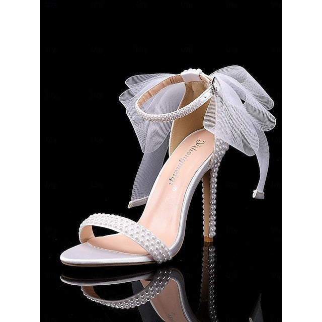 White Pearl Wedding Women's with Heels and Bow Embellished