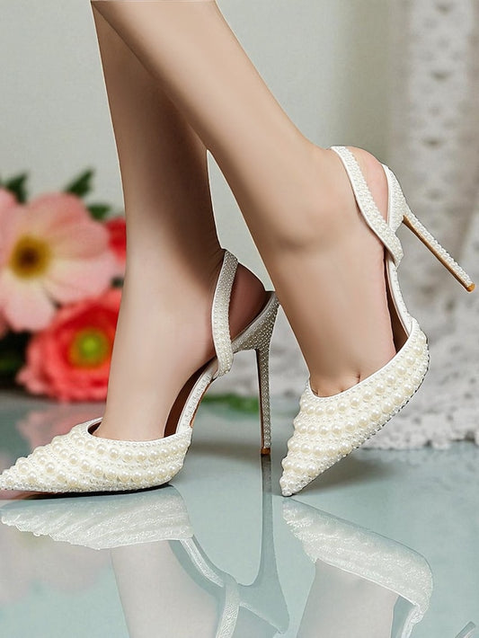 Leather Pearl-Embellished Heels Women's White Slingback -
