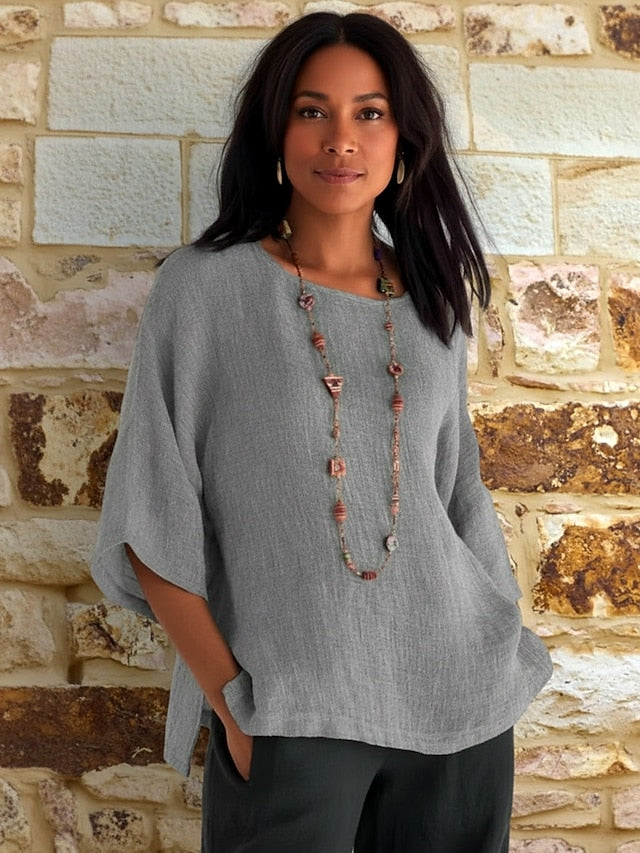 Women's Blouse Cotton Shirt Plain Vintage Stylish 3/4