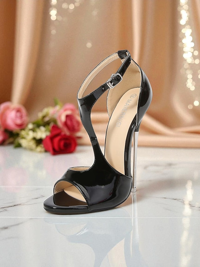 Heels Open Women's - Stiletto Red Patent Leather Strappy