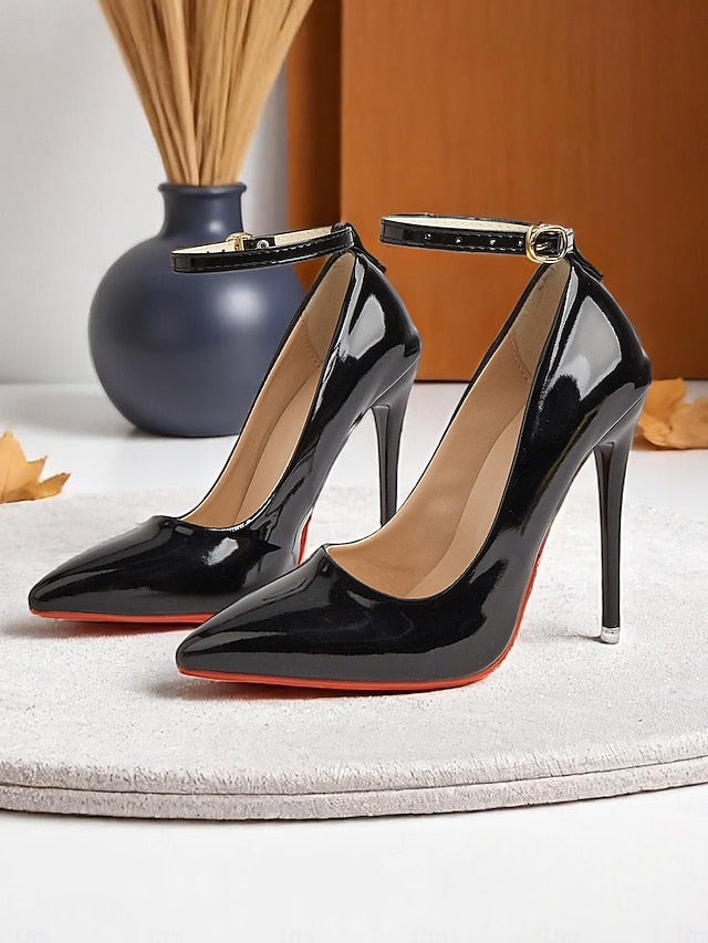 Stiletto Leather Black Women's Ankle with Patent Heels