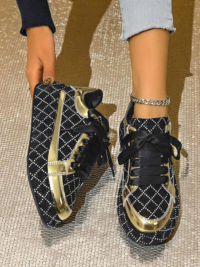 Quilted and Women's Rhinestone Silver Sneakers - Black