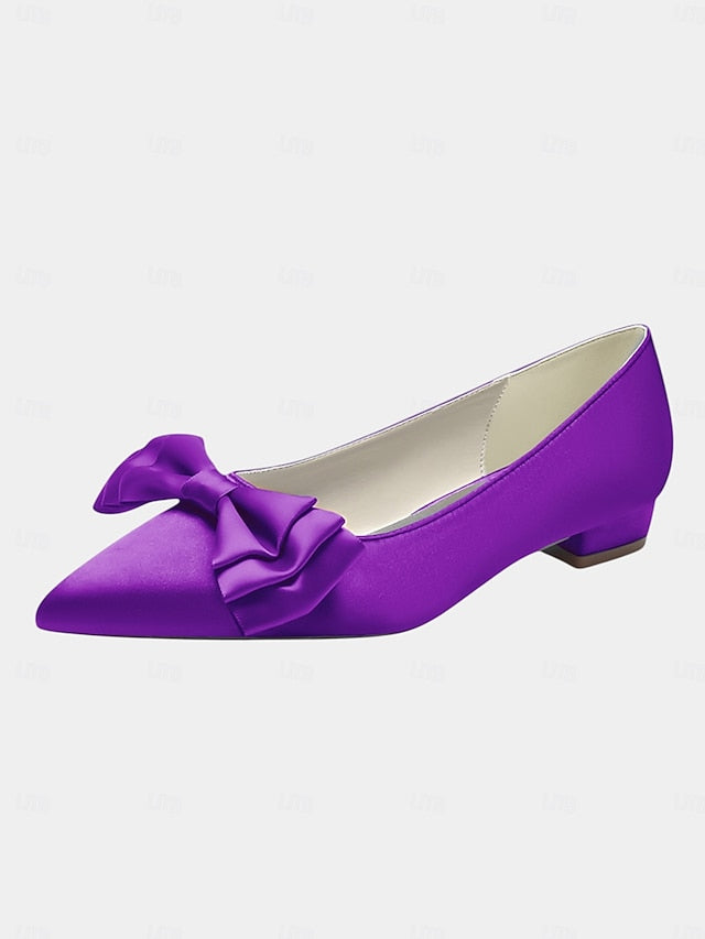 Green Bow Elegant Pointed Toe - Satin Flats Women's