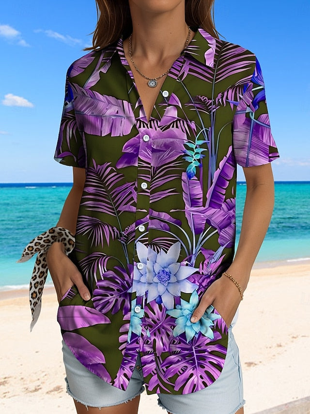 Women's Shirt Long Sleeve Button Down Blouse Graphic Leaf