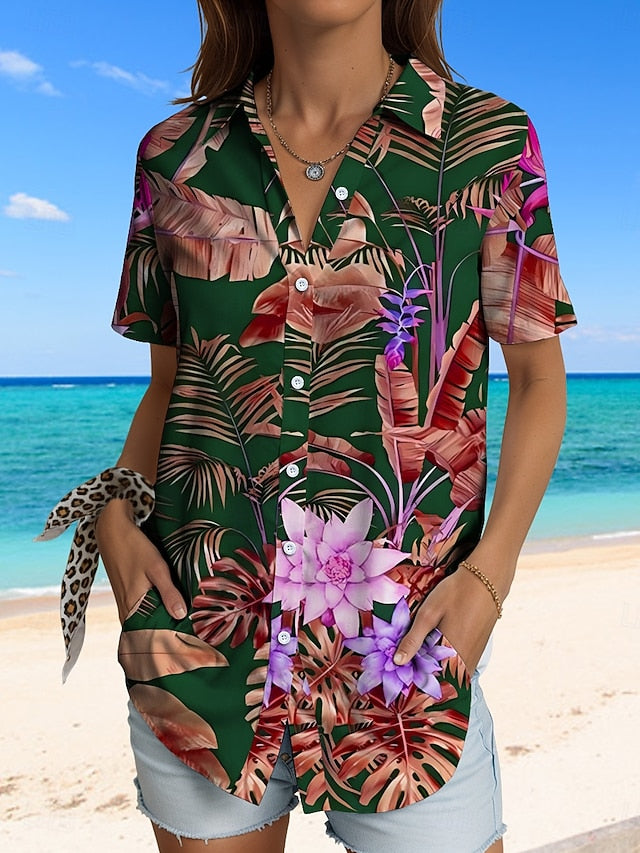 Women's Shirt Long Sleeve Button Down Blouse Graphic Leaf