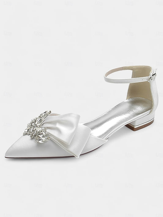 Rhinestone Pointed-Toe Heels Satin with Ankle White Bow and