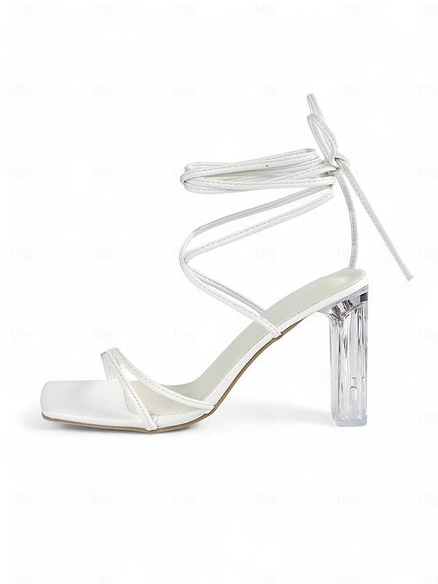Block Women's Heel Clear White with Lace-Up Strappy Heels