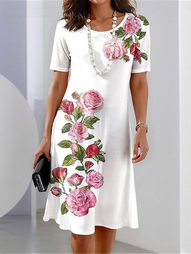 Women's Floral Print Crew Neck Mini Dress Stylish Formal