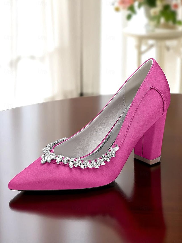 Satin Pumps Women's Pink Heel Wedding Block