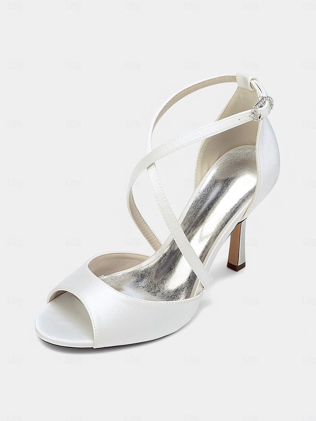 Satin Peep-Toe Heels – White Women's Cross-Strap Elegant