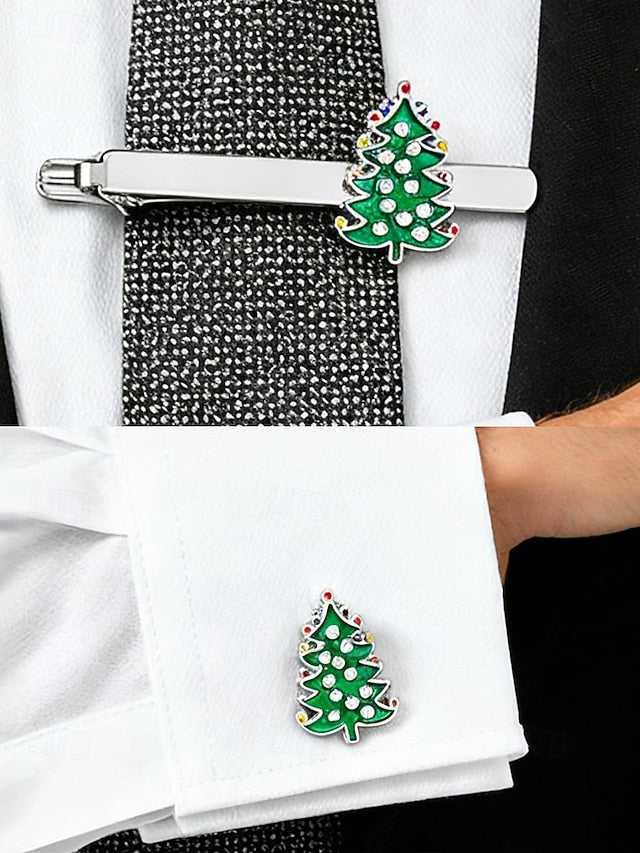 Set Men's - Festive Christmas Clip Cufflinks Tie Tree and