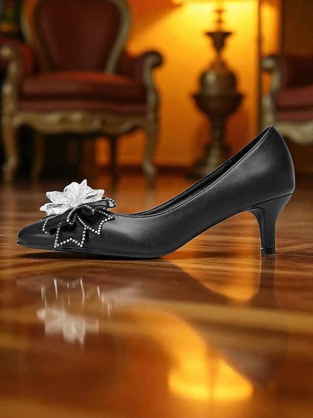 Women's Wedding White Bow Shoes Crystal with Low Heel