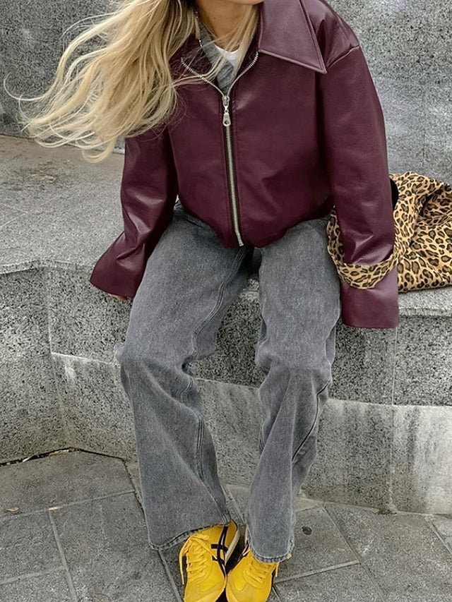 Leather Warm Pocket Faux Zipper Jacket Comfortable Women's