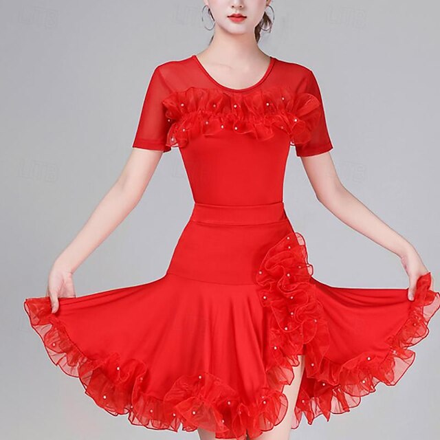 Latin Dance Ballroom Dance Top Pure Color Ruffle Splicing
