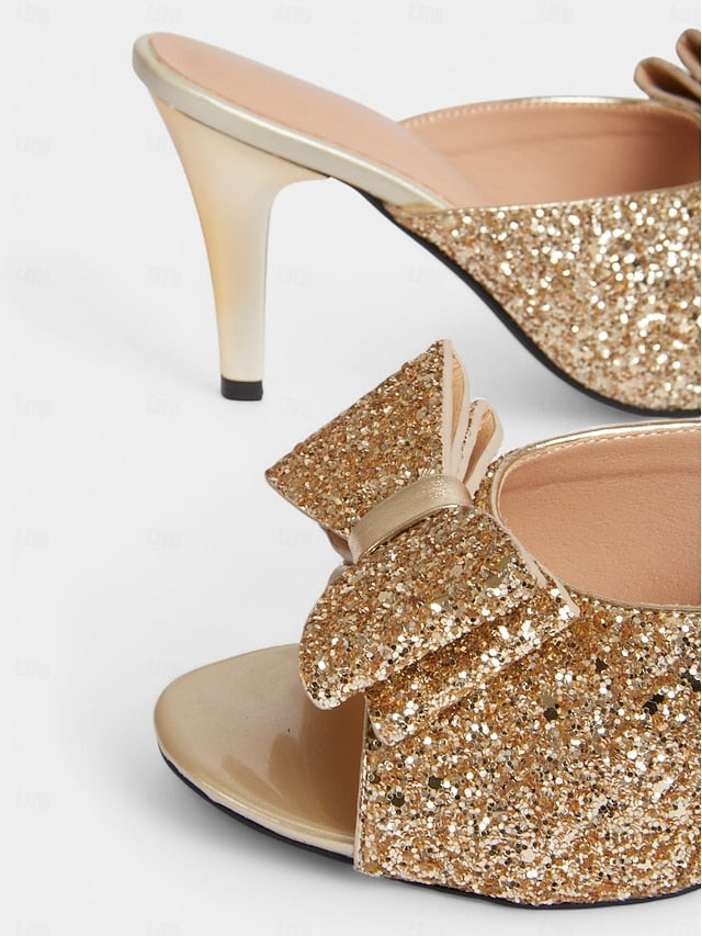 Mules Glitter Bow Stiletto – Party Women's Gold Glamorous