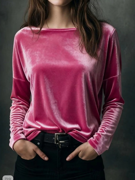 Women's Blouse Solid Color Vintage Casual Long Sleeve Crew