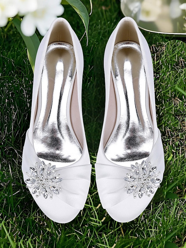 Women's – Elegant White Crystal Flats Wedding Satin