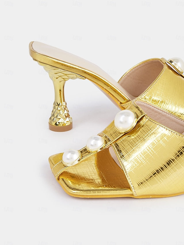 Open-Toe Pearl Women – for Gold Mules Detailing Elegant with