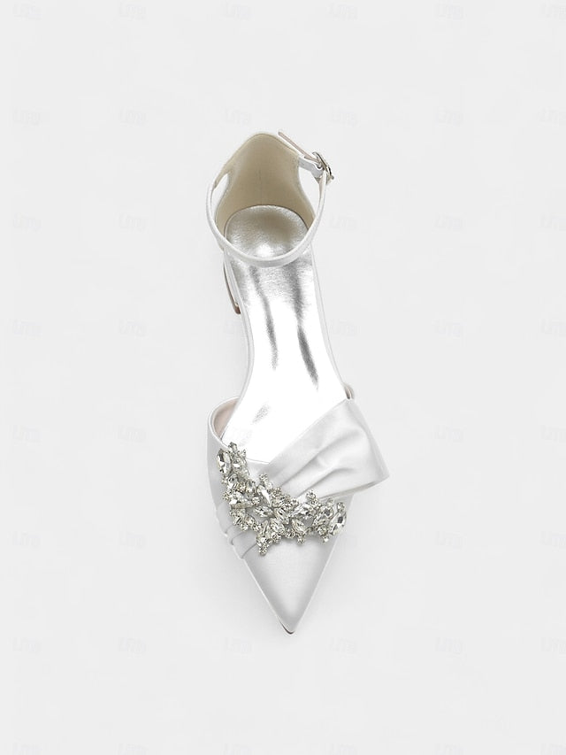 Rhinestone Pointed-Toe Heels Satin with Ankle White Bow and