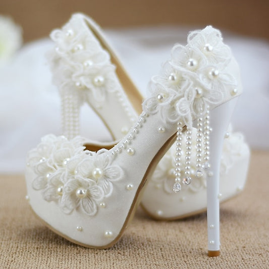 Wedding White Platform Lace Heels Floral Women's with