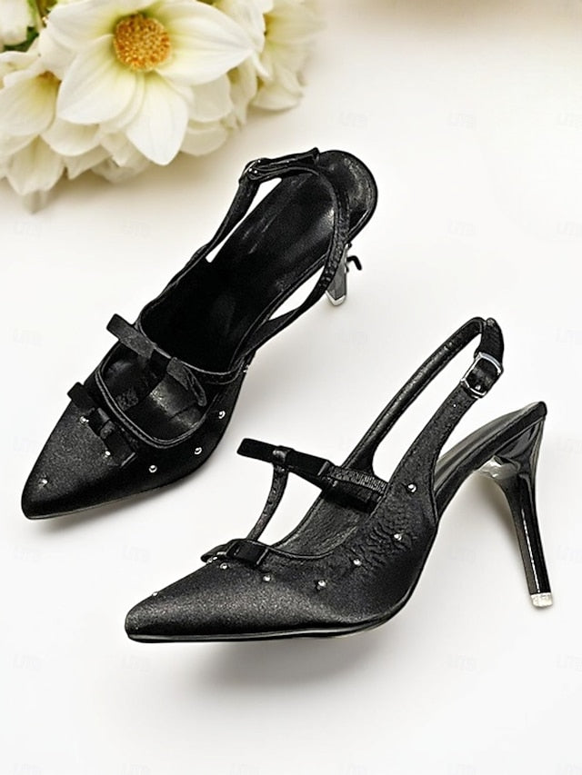 Studs Bows Purple Satin with Women's – T-Strap Heels and