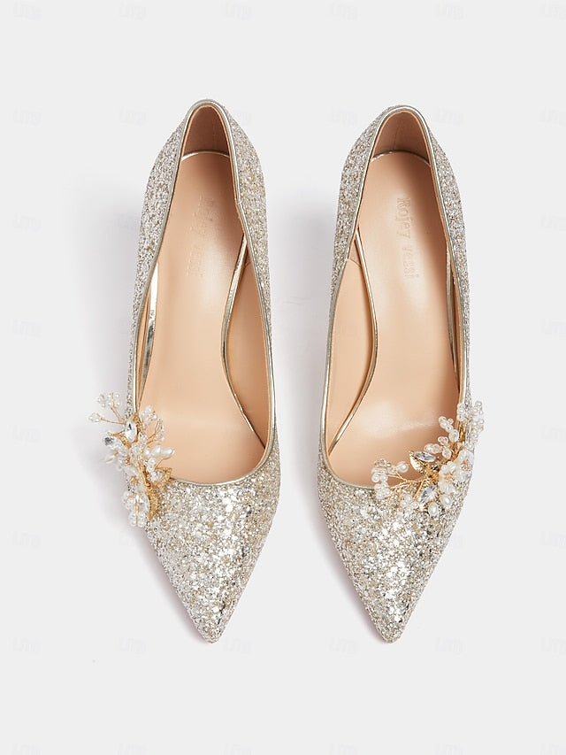 Heels Silver Glitter with Stiletto Floral Women's