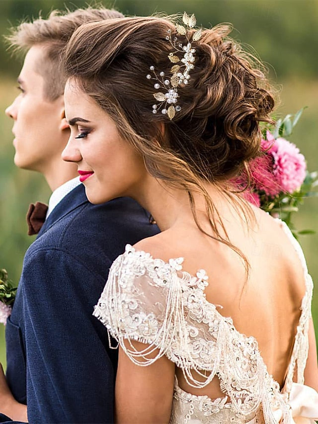 Gold Faux with Silver Hair Pearls Accessory Bridal and Leaf Set