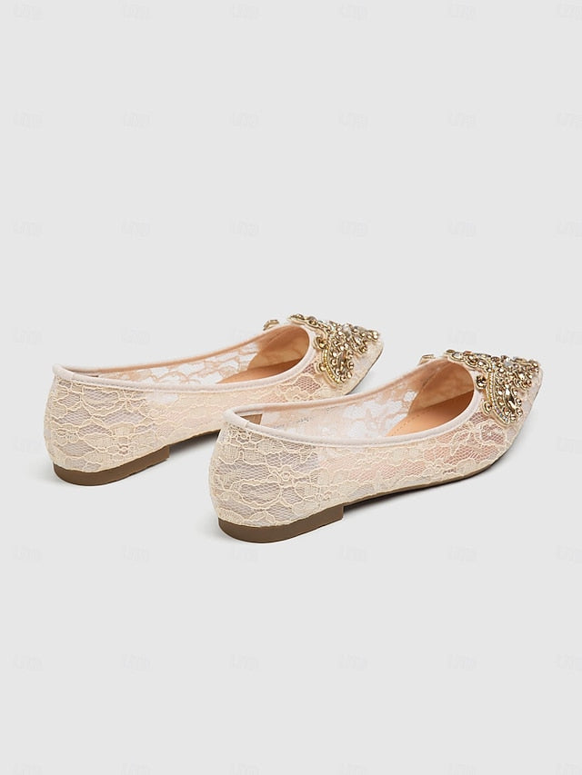 Beige Lace Women's Elegant Ornate Ballet with Flats