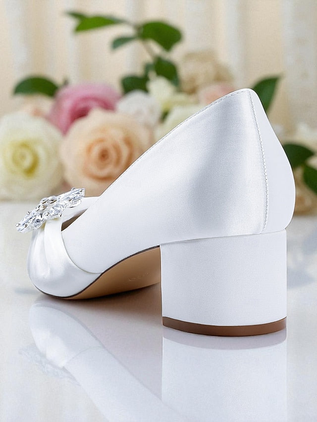 Women's Crystal with Pumps Block Heel Low White