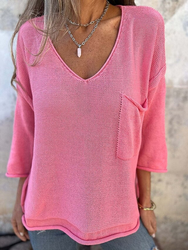 Women's T Shirt Plain Fashion Modern 3/4 Length Sleeve V