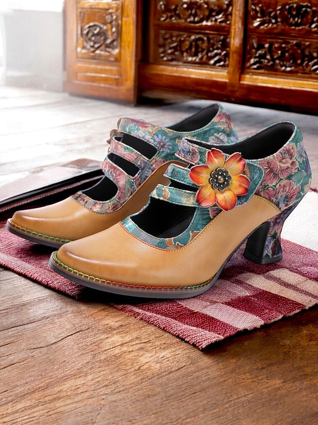 Mary Women's – Floral Vintage Leather 1930s Jane Heels