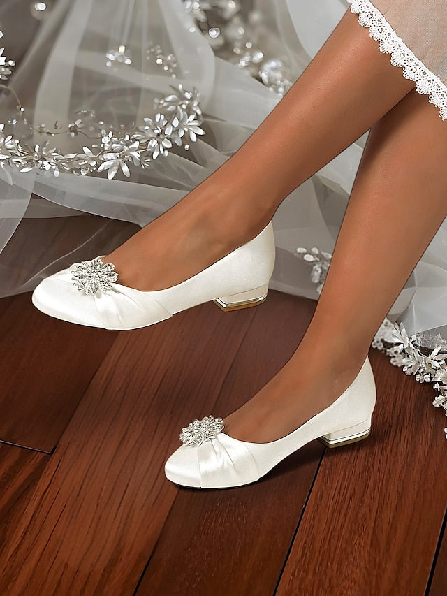 Women's – Elegant White Crystal Flats Wedding Satin