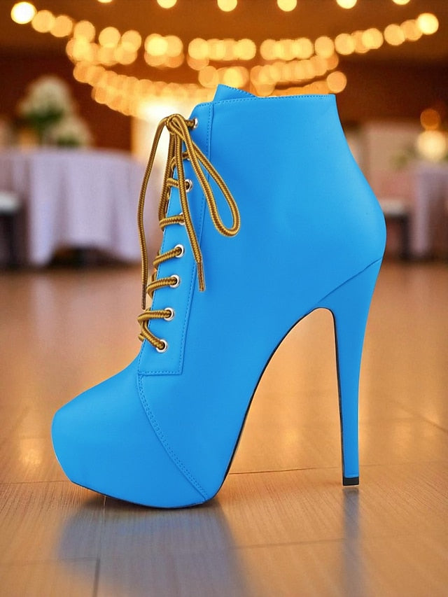 Beige Faux Lace-Up Women's Leather - Platform Boots Ankle