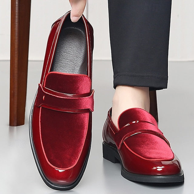 – Velvet Design Faux Sleek Leather with Red Men's Loafers