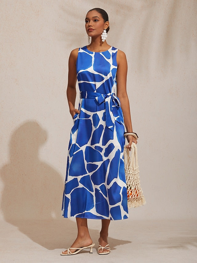 Vacation Geometric Color Block Print Straight Fit Satin Maxi