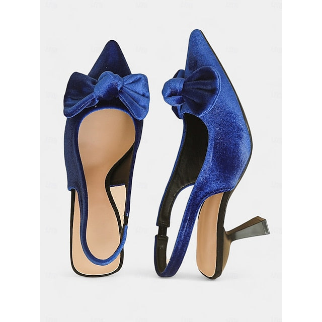 Toe with Pointed Velvet Slingback Heels Blue Women's Bow