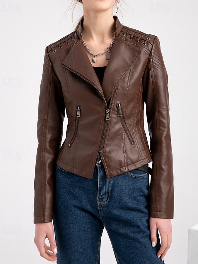 Pocket Jacket Faux Women's Zipper Comfortable Leather
