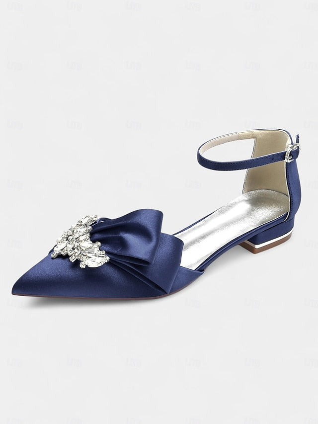 Rhinestone Pointed-Toe Heels Satin with Ankle White Bow and