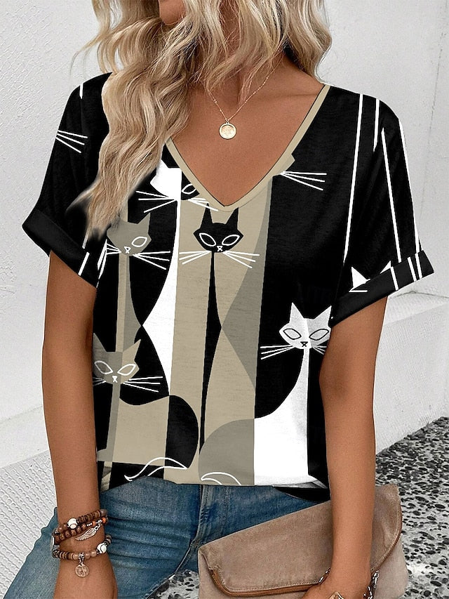 Women's T Shirt Casual Color Block Cat Print Short Sleeve