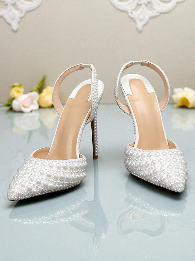 Leather Pearl-Embellished Heels Women's White Slingback -