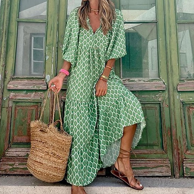Women's Long Dress Boho Chic Dress Green 3/4 Length Sleeve